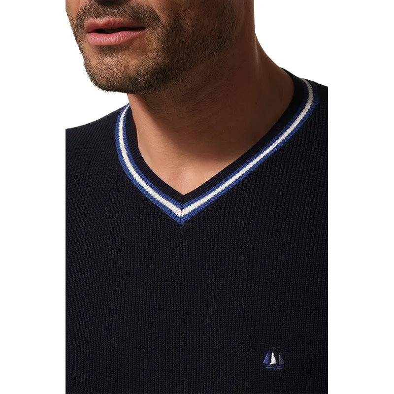 Pull Col V côte perlée fine Homme - Marine-2