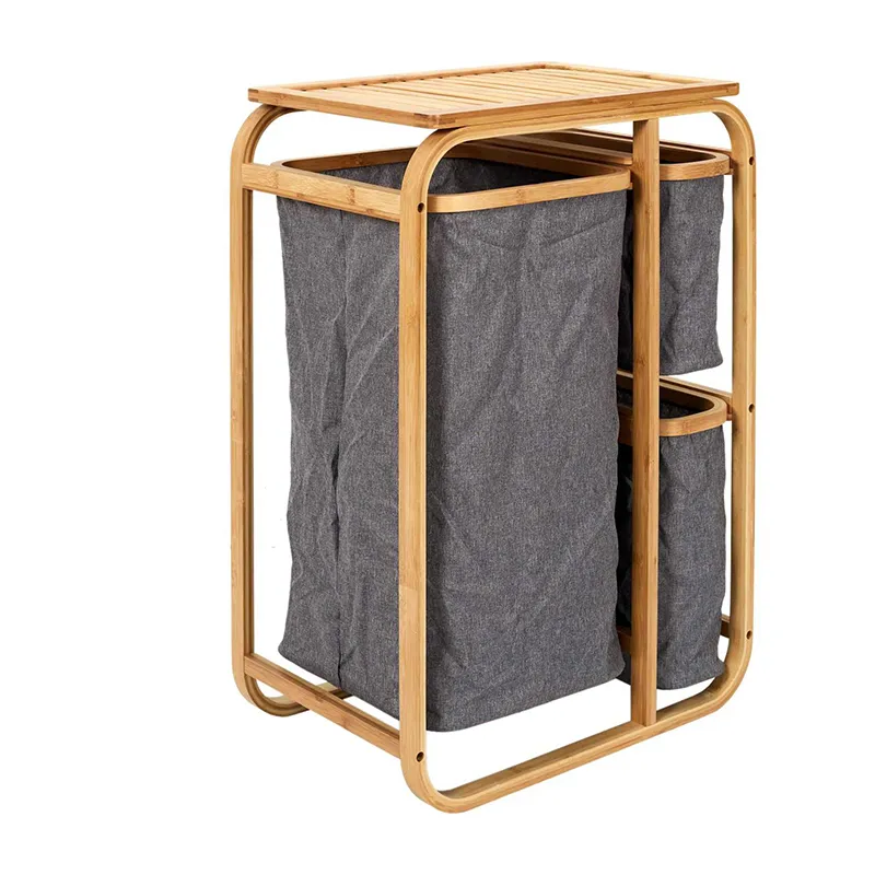 Panier à linge 3 compartiments Bambou/Gris - 33x69,5x49cm-1