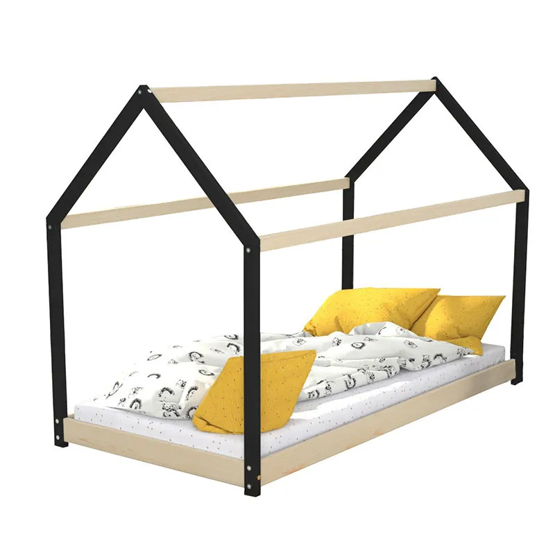 Lit cabane + Sommier Panda Brut/Noir - 90x190cm-1