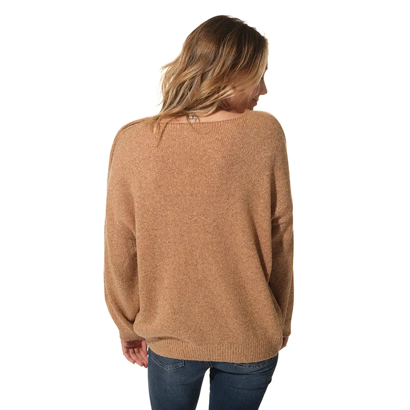 Pull Figue Oversize Col V fil Lurex Femme - Camel-2