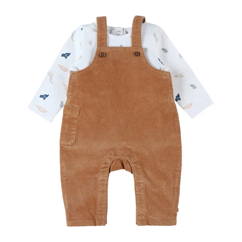 Salopette + T-shirt ML Dinos - Marron/Blanc-3