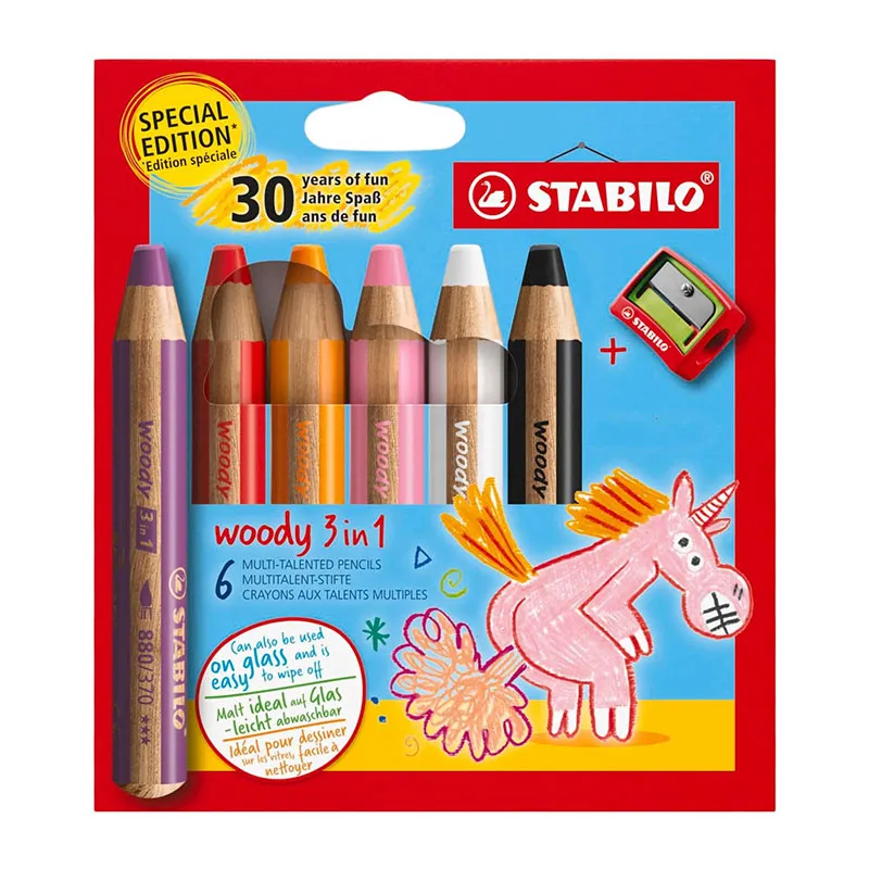 Crayons de couleurs Woody Licorne + 1 taille-crayon - 6pcs-0