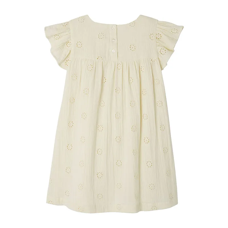 Robe cérémonie brodée fleurs en gaze de coton fille - Vanille-1