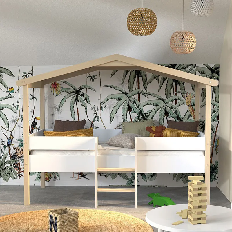 Lit cabane + Sommier Pilotis Blanc/Naturel - 90x190cm-1