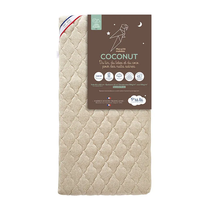 Matelas Coco Nut révers. déhoussable Beige ép. 12cm + Valisette de transport Offerte-0