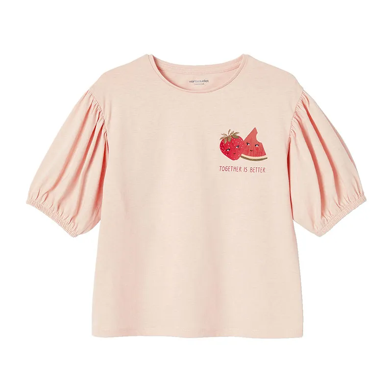 T-shirt manches boules fille motif fruit poitrine - Rose-0