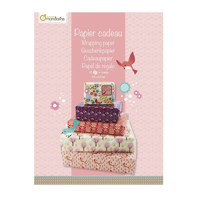 12 feuilles papier cadeau + stick. Animaux 43x60cm - 5+-4