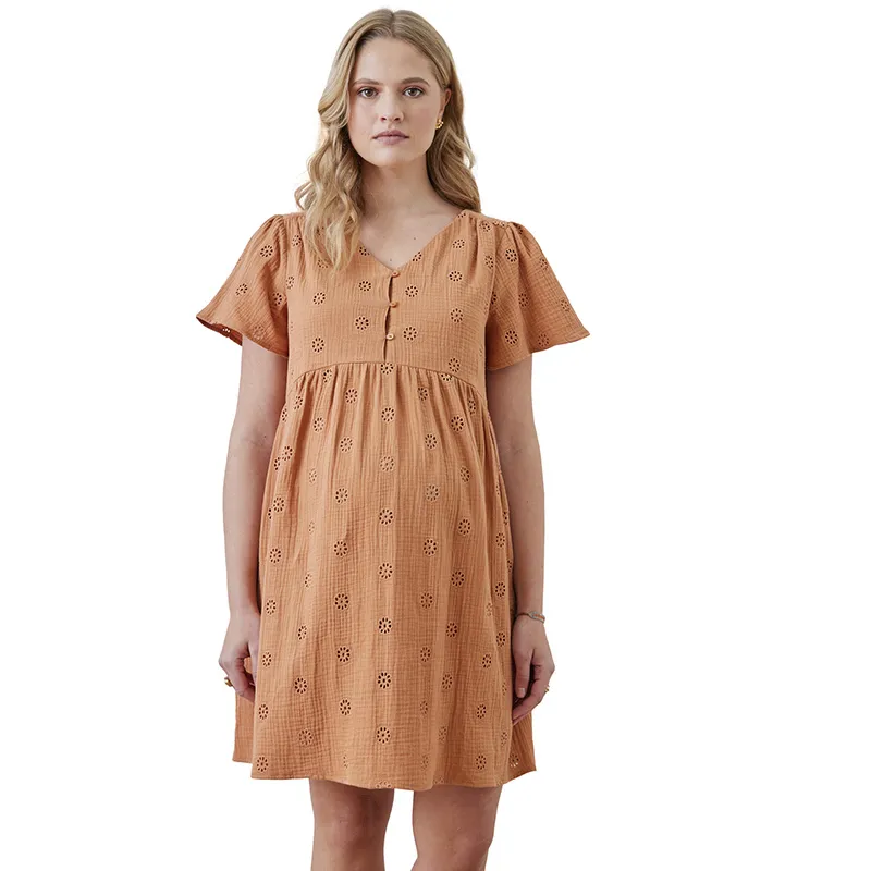Robe de grossesse gaze brodée - Orange-1