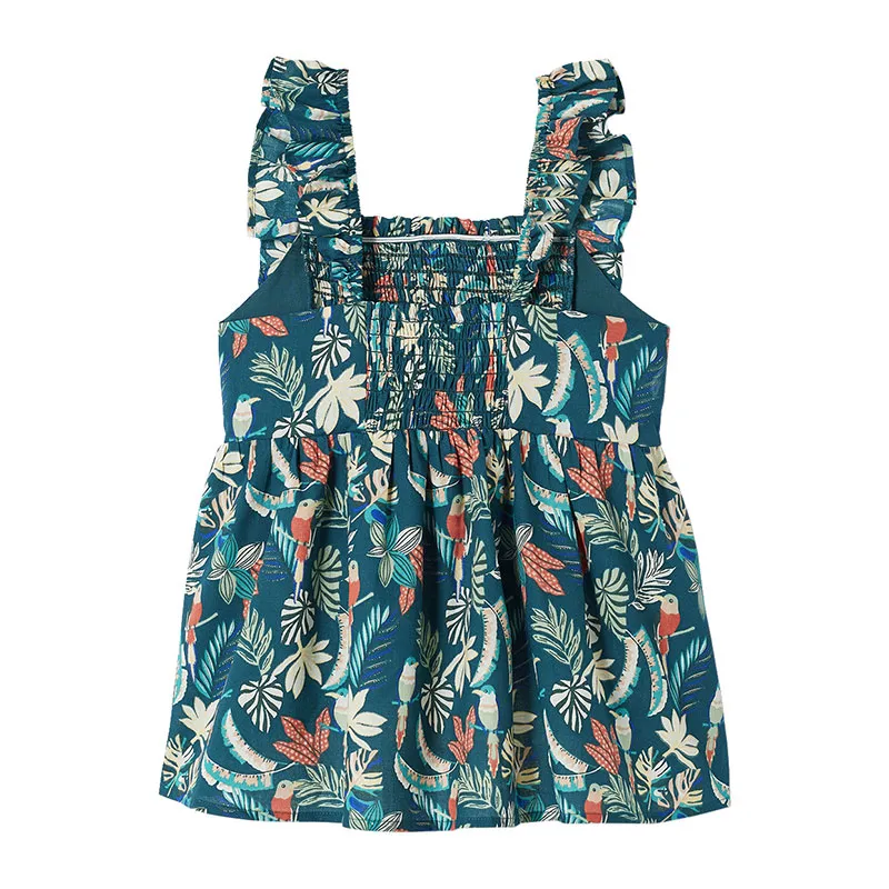 Blouse smockée à bretelles volantées fille - Vert-1