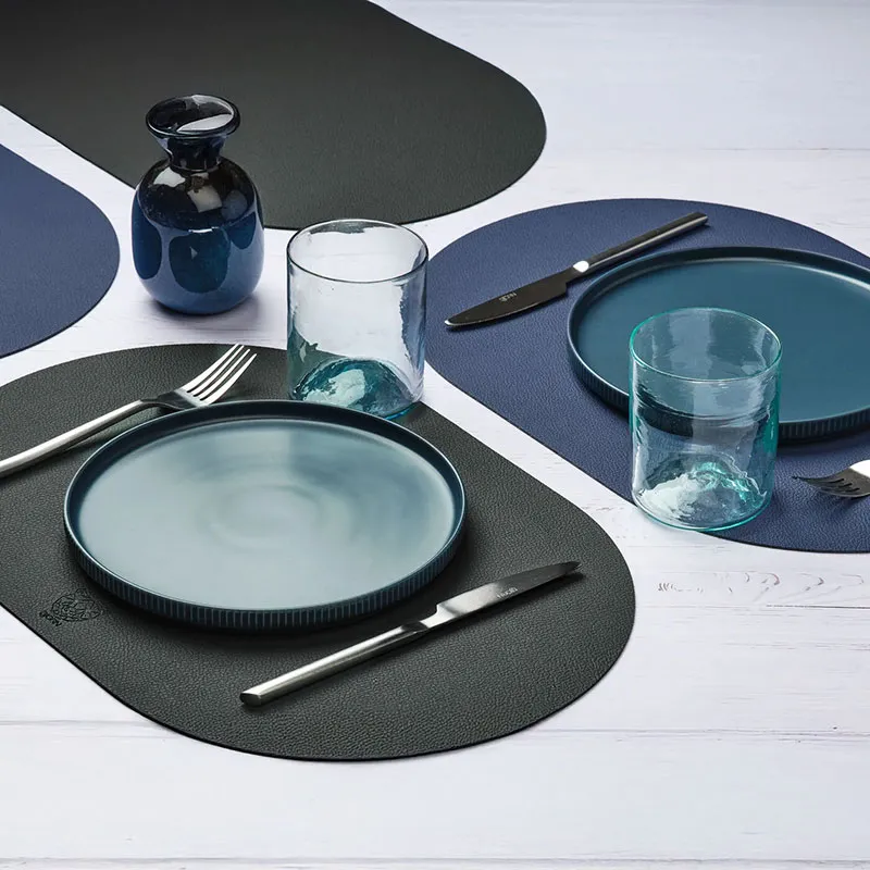 Sets de table ovale Cuir recyclé révers. Bleu nuit/Anthracite - 6pcs-1