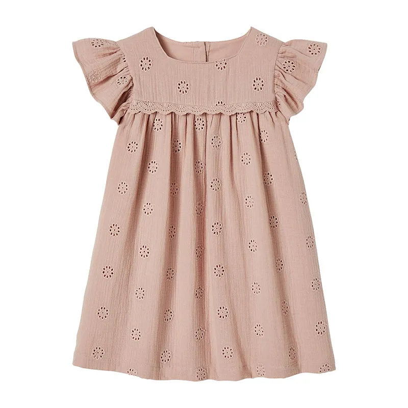 Robe cérémonie brodée fleurs en gaze de coton fille - Rose-0