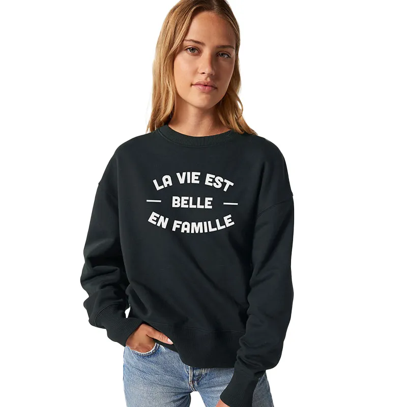 Sweat Femme La vie est belle en famille 2 face - Noir-0