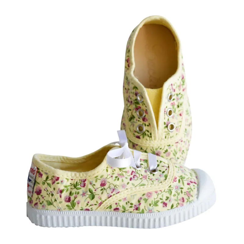 Chaussures baskets tennis en TOILES à lacets et élastiques - Jaune fleurs-1