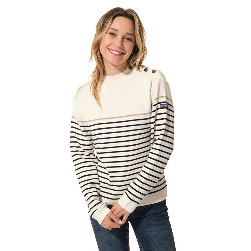 Pull Col cheminée boutons à l'épaule Femme - Ecru/Marine-0