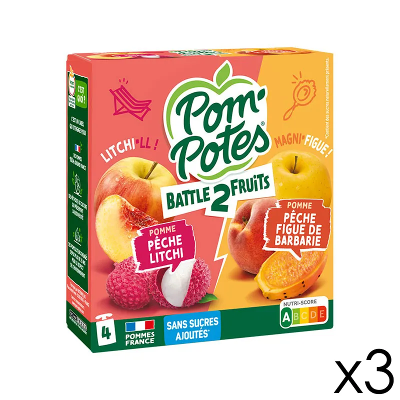 12 Compotes Gourdes Battle 2 fruits  Pomme Pêche Litchi, Pomme Pêche Figue - 12x90g-0