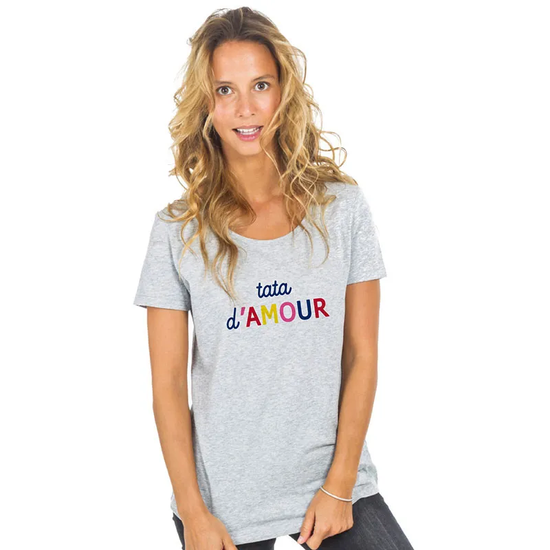 T-shirt Femme Tata d'amour colorée BIO - Gris Chiné-0