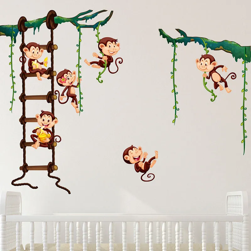 Stickers - 6 singes joyeux dans les branches-1