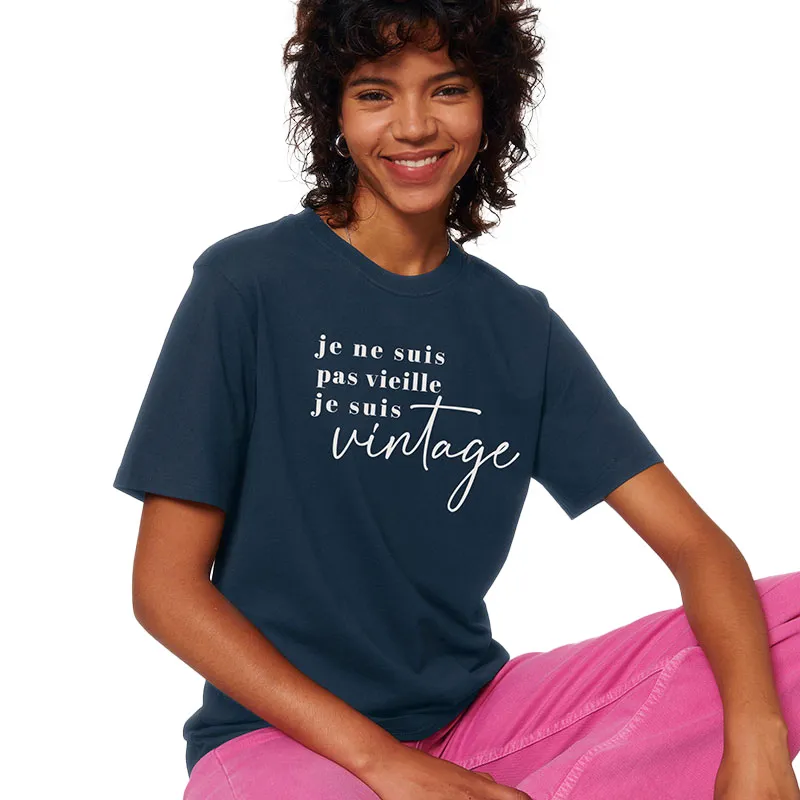 T-shirt Femme Je ne suis pas vieille je suis vintage BIO - Navy-0