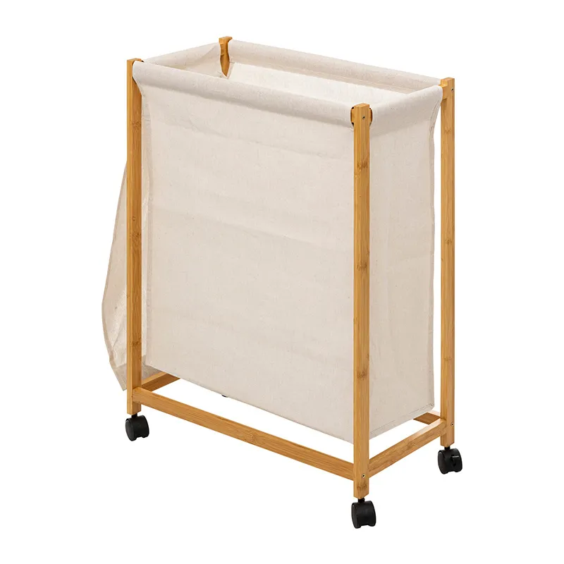 Panier à linge roulant Bambou/Tissu - 55x25x80cm-1