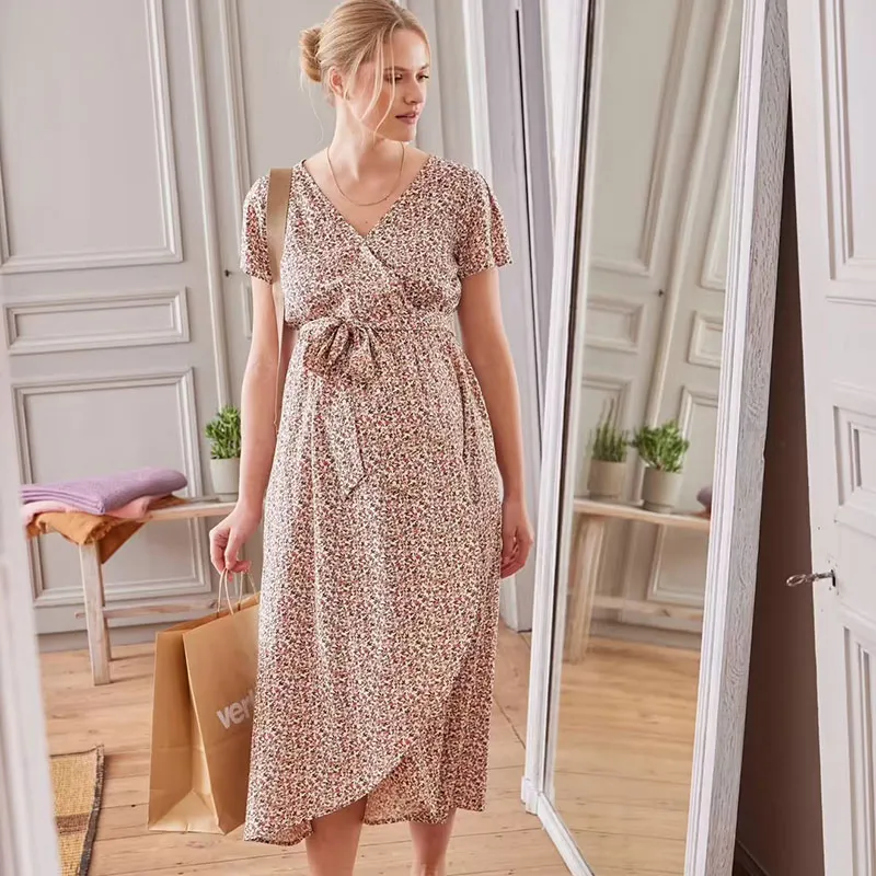 Robe longue de grossesse ceinturee - Ecru-4
