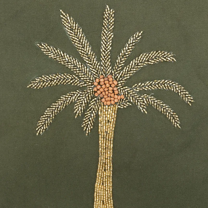 Coussin brodé avec perles Tropical Vert Kaki - 30x30cm-1