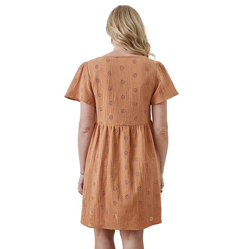 Robe de grossesse gaze brodée - Orange-2