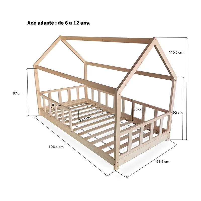 Lit cabane Kiwi avec barrière + Sommier Naturel-4