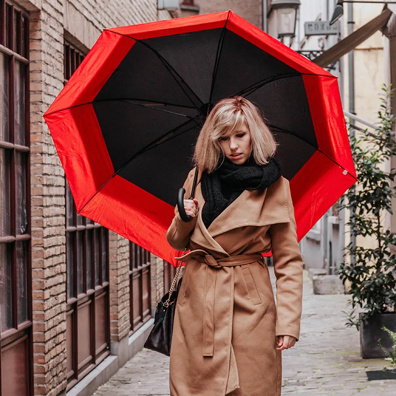 Grand parapluie long résistant au vent D.128cm - Noir/Rouge-6