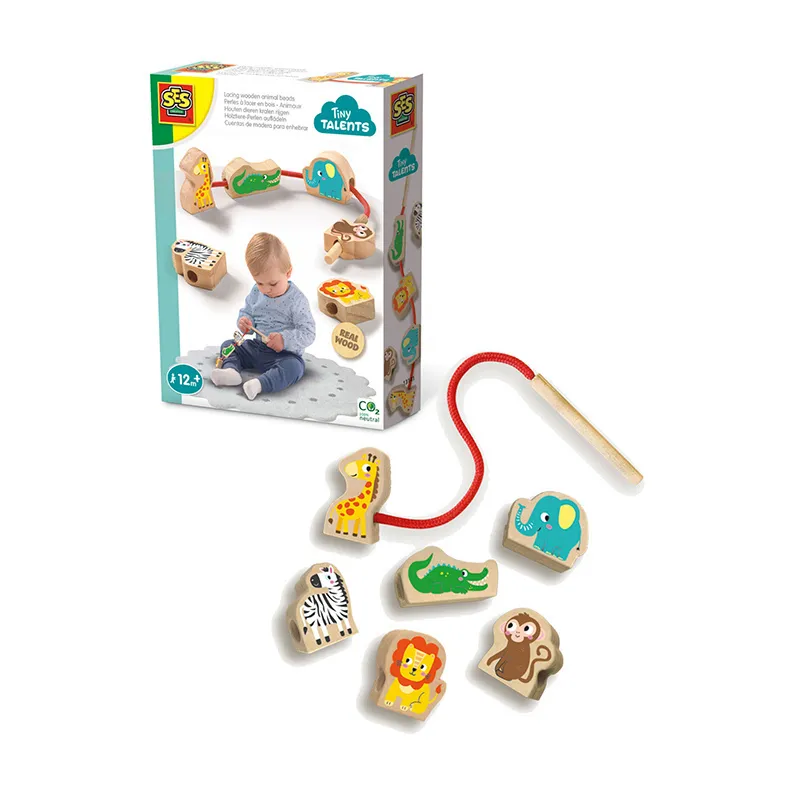 Perles à lacer en bois Animaux 7pcs - 12m+-4