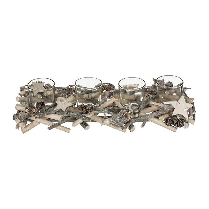 Centre de table Buche 4 photophores Bois Blanc - 38x14x7cm-2