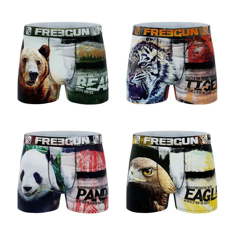 4 Boxers polyester recyclé Homme Animal Sauvage - Jaune/Blanc/Rouge/Orange-0