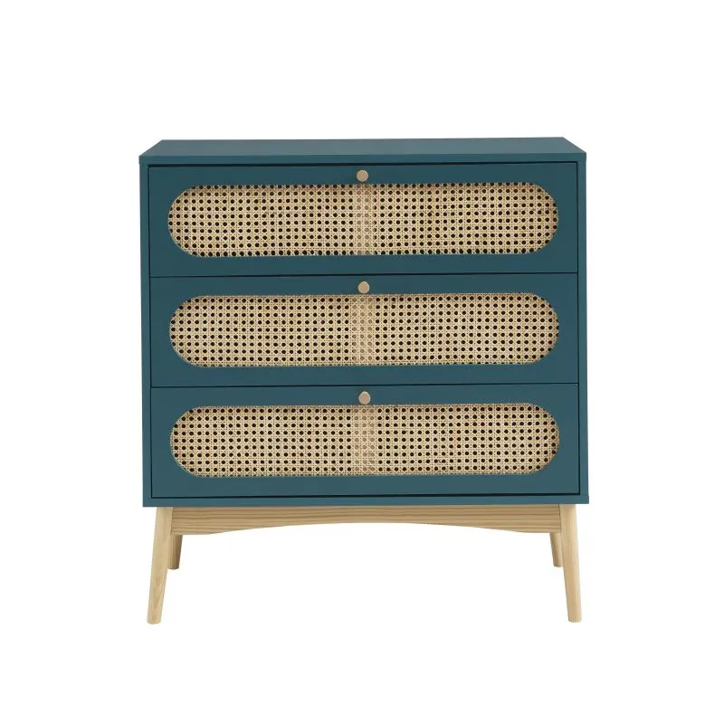 Commode Sixtine Bleu canard Rotin 3 tiroirs - 80x40x85cm-7