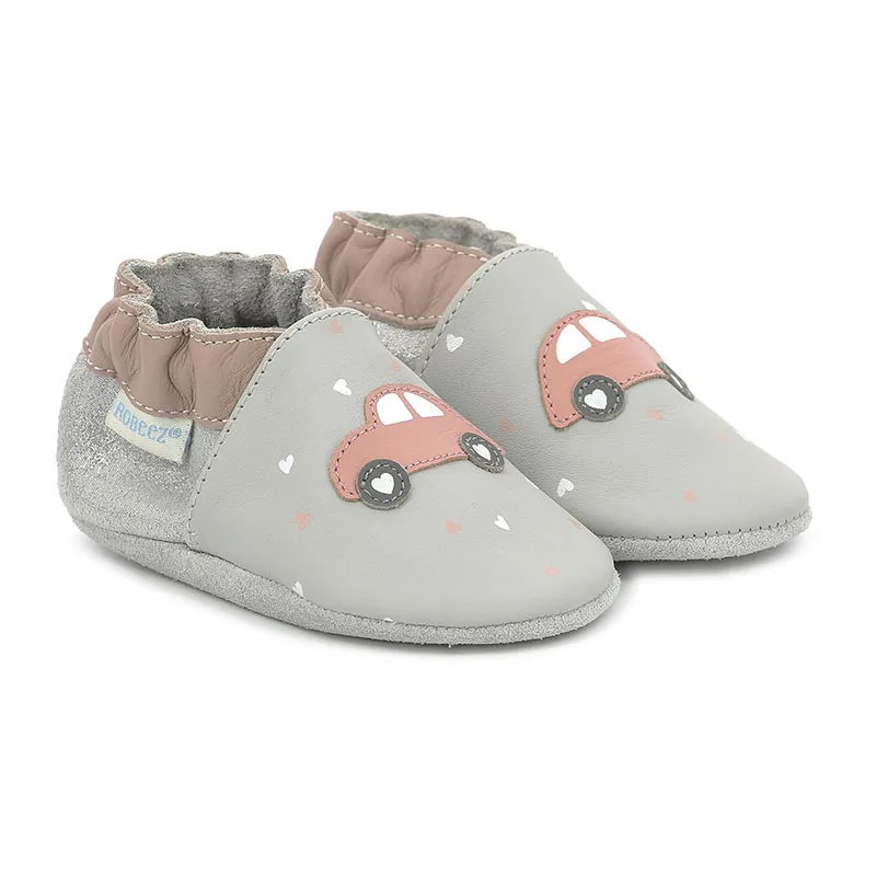 Chaussons cuir Soft Soles Voiture - Gris/Argenté/Vieux Rose-0