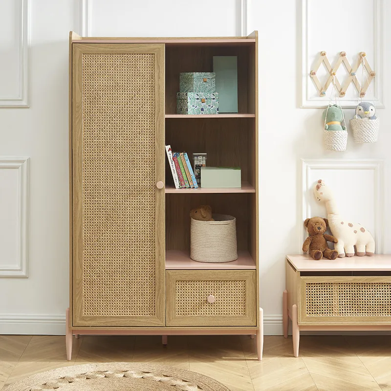 Armoire Pablo rose & cannage rotin 1 porte - 100x47x170cm-0