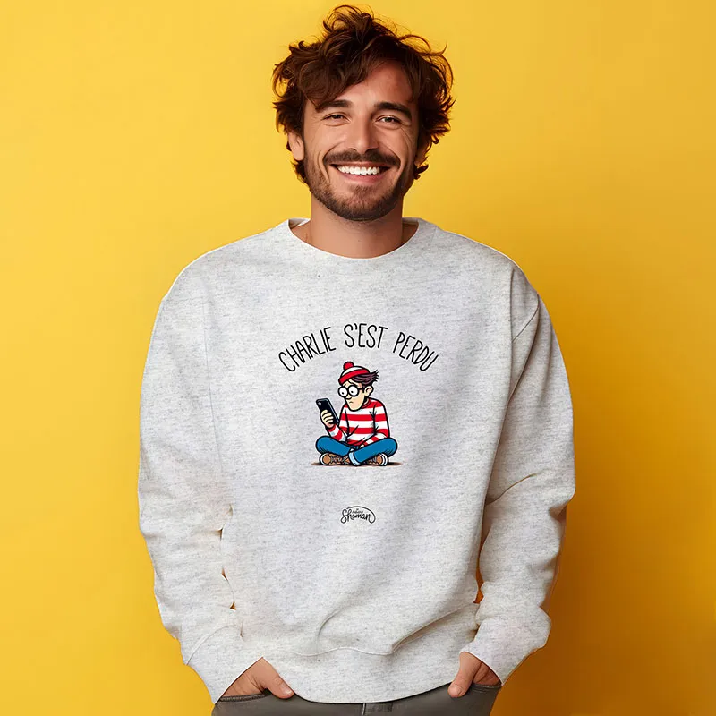 Sweat Homme Charlie s est perdu  - Gris chiné-0