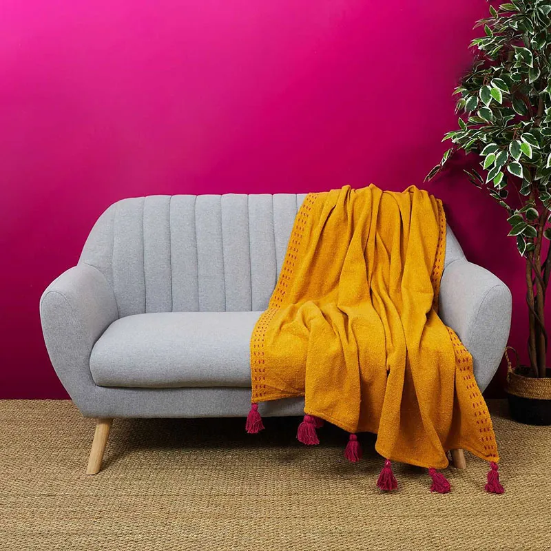 Jeté de canapé Pompons Jaune - 130x150cm-0