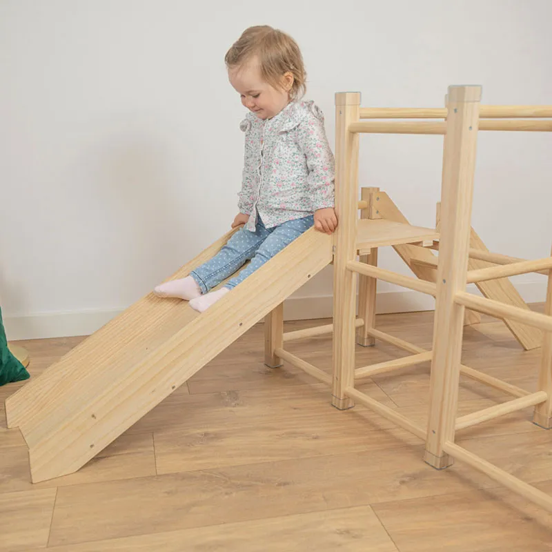 Aire de jeux Bois + Toboggan + Cadre d'escalade Naturel - 156x105cm-4
