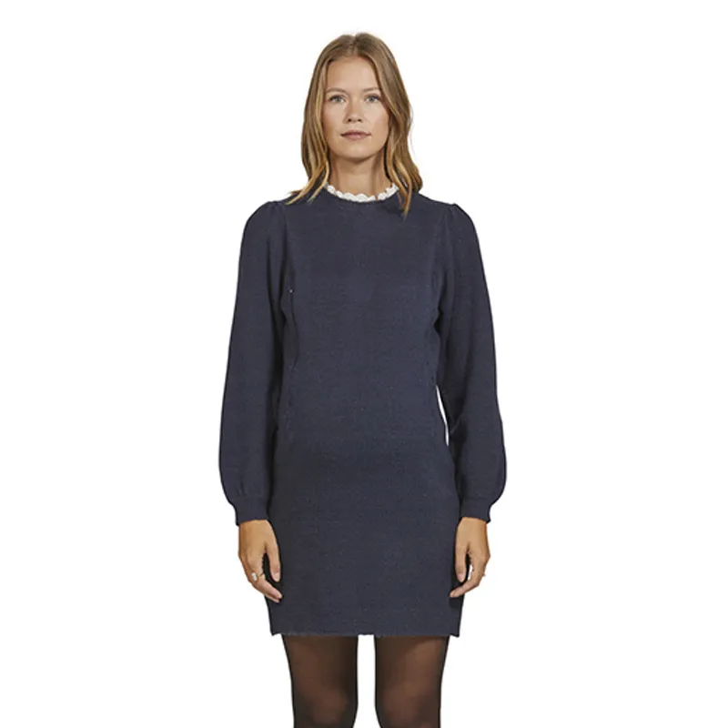 Robe de grossesse/allait pull col volanté - Bleu-1