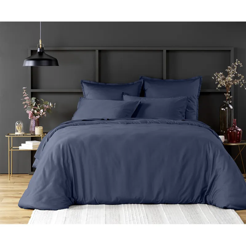 Taie d'oreiller avec volant Satin de Coton Bleu Marine-3