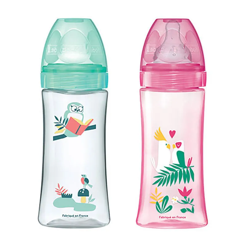 Coffret 2 Bibs anti-coliq. Tétines rondes 330ml déb.3 Jungle Rose/Hibou - 6m+-0