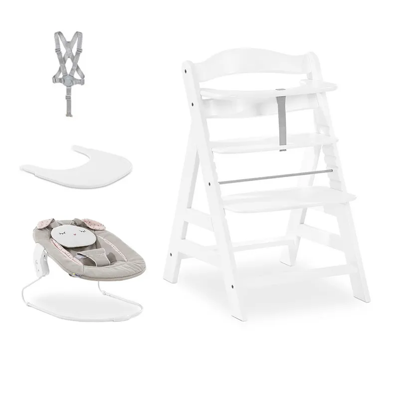 Chaise-haute Alpha+ avec tablette Blanc + Transat Alpha Bouncer 2en1 Lapin Beige - 0m+-0