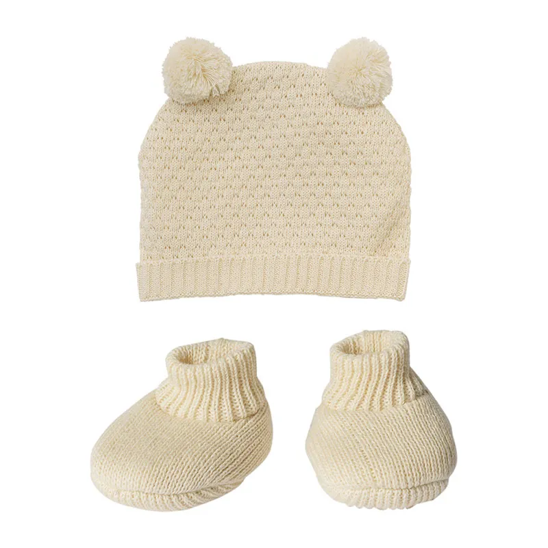 Bonnet + Chaussons en tricot BIO Écru - Poupée 28-35/35-45cm-0