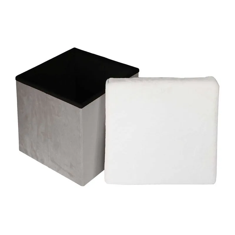 Coffre pouf pliable effet fourrure Léo Gris - 38x38x38cm-3