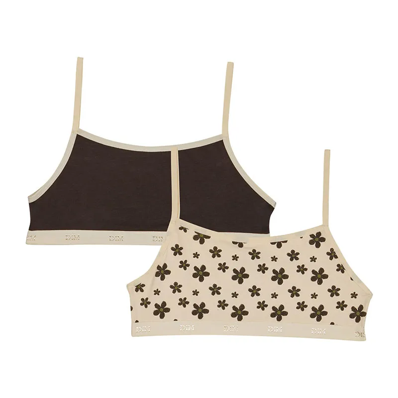 2 Brassières Coton Les Pockets Fleurs Fille - Beige/Noir-1