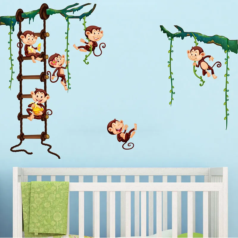 Stickers - 6 singes joyeux dans les branches-0
