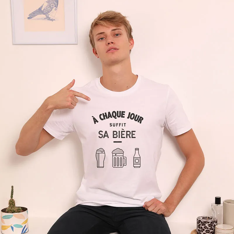 T-shirt Homme BIO À chaque jour suffit sa biere - Blanc-0