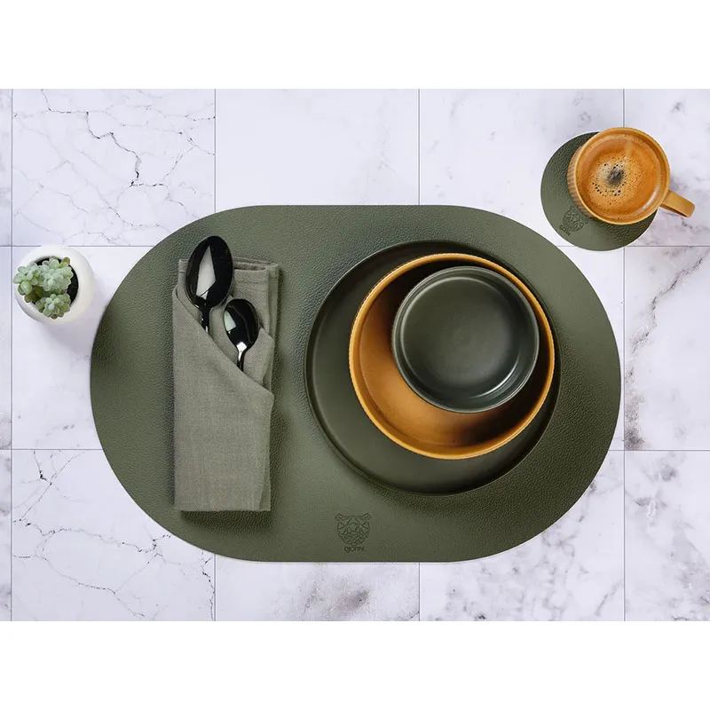 Sets de table ovale Cuir recyclé révers. Crème/Vert de gris - 6pcs-6