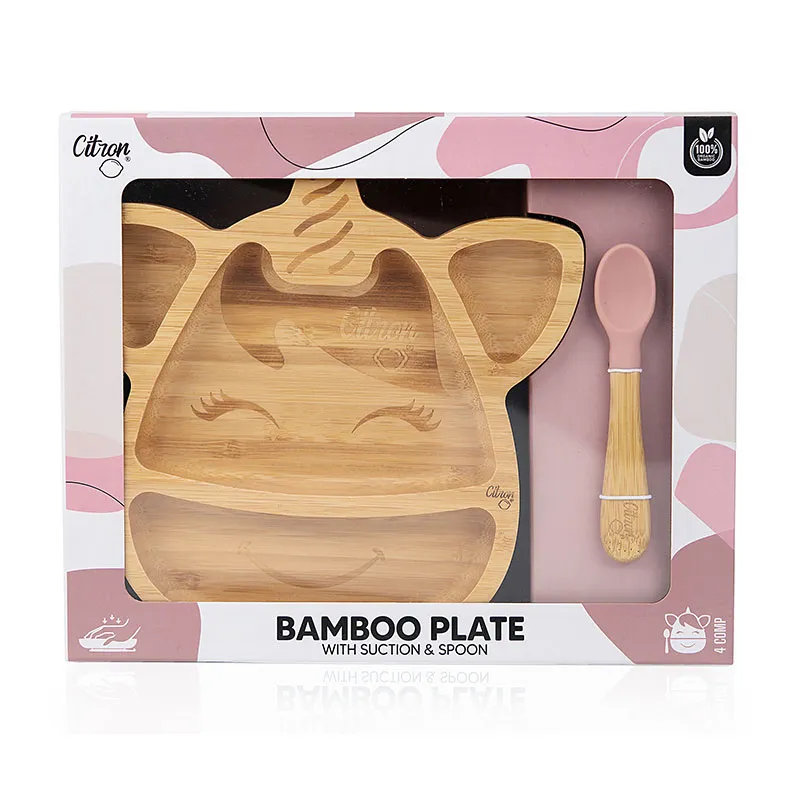 Assiette en bambou ventouse + cuillère Licorne - Rose-2