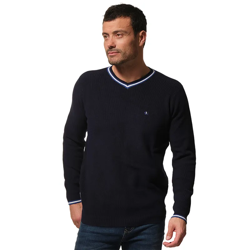 Pull Col V côte perlée fine Homme - Marine-0