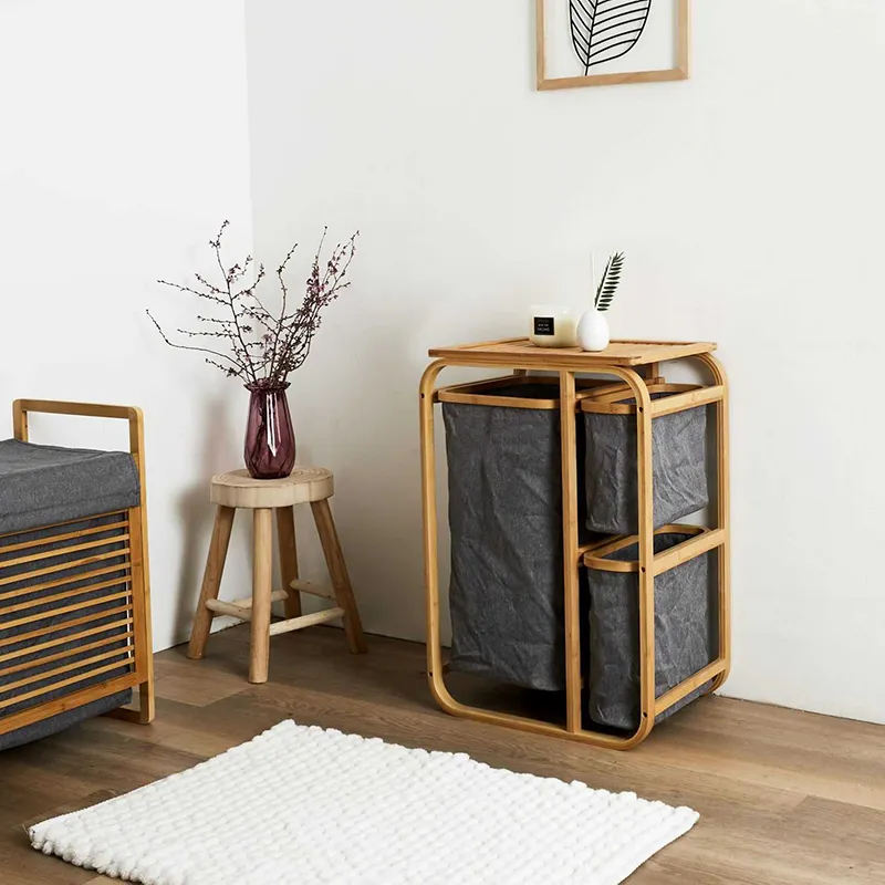 Panier à linge 3 compartiments Bambou/Gris - 33x69,5x49cm-6